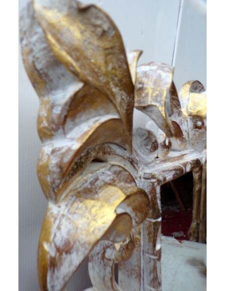 Specchio barocco in legno intarsiato cm 100x70 bianco oro mod. tommy