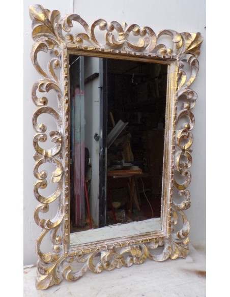 Specchio barocco in legno intarsiato cm 100x70 bianco oro mod. tommy