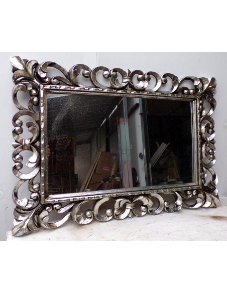 Specchio barocco in legno intarsiato cm 100x70 argento antico mod. tommy