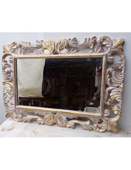 Specchio barocco in legno intarsiato cm 100x70 oro bianco mod. Victoria