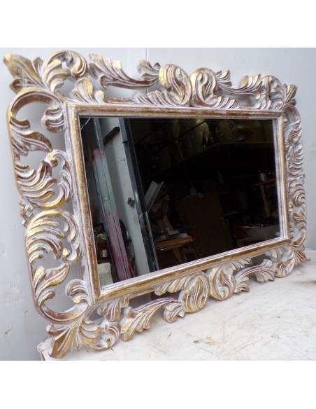 Specchio barocco in legno intarsiato cm 100x70 oro bianco mod. Victoria