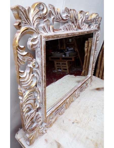 Specchio barocco in legno intarsiato cm 100x70 oro bianco mod. Victoria