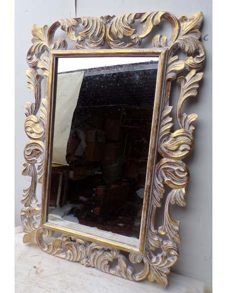 Specchio barocco in legno intarsiato cm 100x70 oro bianco mod. Victoria