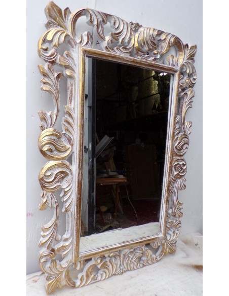 Specchio barocco in legno intarsiato cm 100x70 oro bianco mod. Victoria