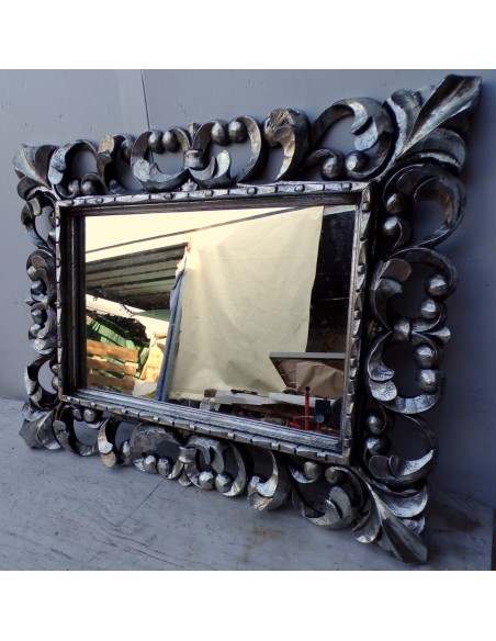 Specchio barocco in legno intarsiato cm 80x60 argento anticato mod. tommy