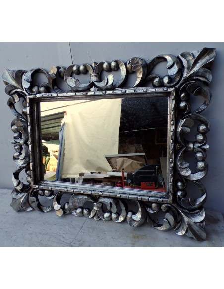 Specchio barocco in legno intarsiato cm 80x60 argento anticato mod. tommy