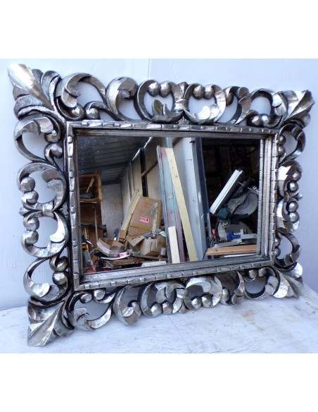 Specchio barocco in legno intarsiato cm 80x60 argento anticato mod. tommy