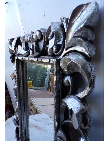 Specchio barocco in legno intarsiato cm 80x60 argento anticato mod. tommy