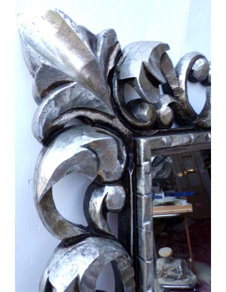 Specchio barocco in legno intarsiato cm 80x60 argento anticato mod. tommy