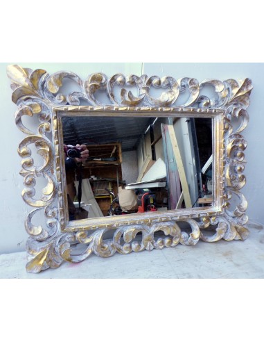 Specchio barocco in legno intarsiato cm 80x60 oro e bianco mod. tommy