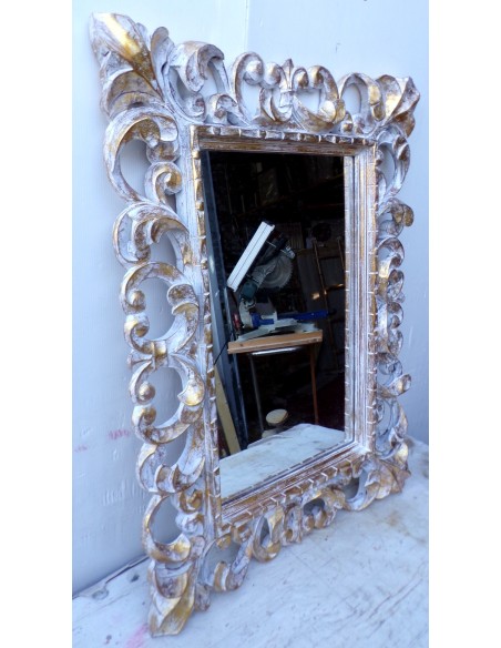 Specchio barocco in legno intarsiato cm 80x60 oro e bianco mod. tommy