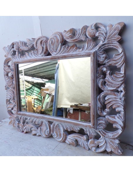 Specchio barocco in legno intarsiato cm 80x60 bianco decapato mod. Victoria