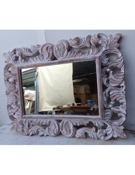 Specchio barocco in legno intarsiato cm 80x60 bianco decapato mod. Victoria