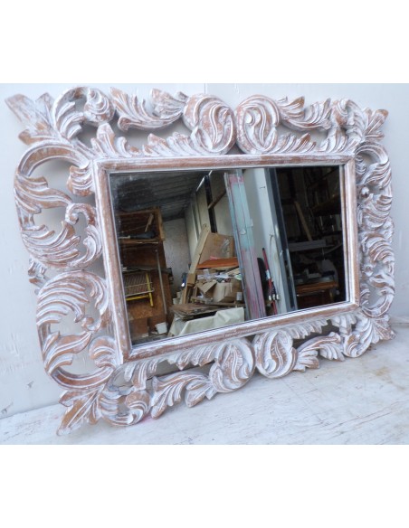 Specchio barocco in legno intarsiato cm 80x60 bianco decapato mod. Victoria