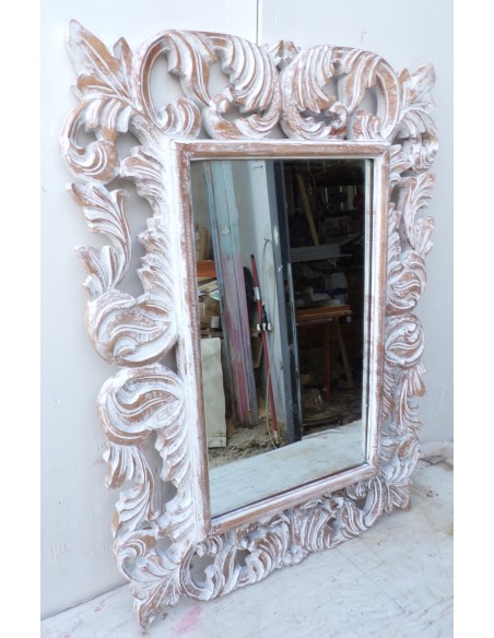 Specchio barocco in legno intarsiato cm 80x60 bianco decapato mod. Victoria