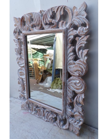 Specchio barocco in legno intarsiato cm 80x60 bianco decapato mod. Victoria