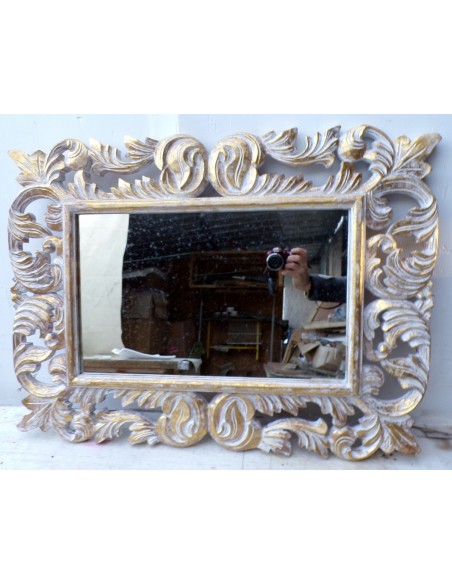 Specchio barocco in legno intarsiato cm 80x60 oro e bianco mod. Victoria