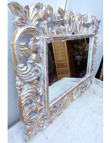 Specchio barocco in legno intarsiato cm 80x60 oro e bianco mod. Victoria