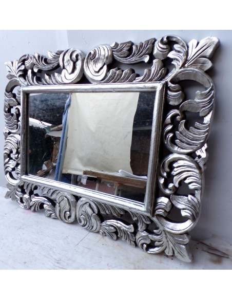 Specchio barocco in legno intarsiato cm 80x60 argento anticato mod. Victoria