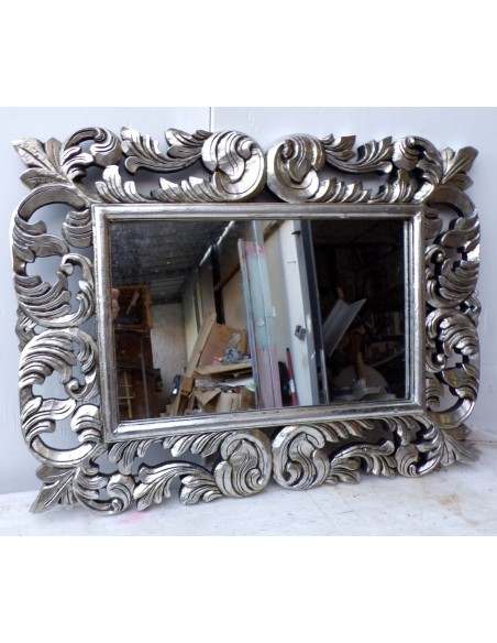 Specchio barocco in legno intarsiato cm 80x60 argento anticato mod. Victoria