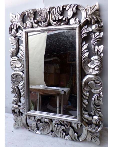 Specchio barocco in legno intarsiato cm 80x60 argento anticato mod. Victoria