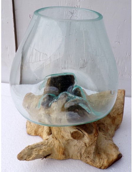 Vaso Indonesiano radice di legno e vetro soffiato 32x25x35h porta fiori acquario D