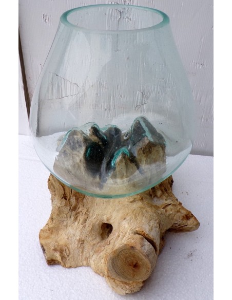Vaso Indonesiano radice di legno e vetro soffiato 32x25x35h porta fiori acquario D
