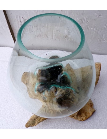Vaso Indonesiano radice di legno e vetro soffiato 32x25x35h porta fiori acquario D