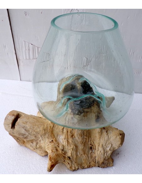 Vaso Indonesiano radice di legno e vetro soffiato 32x25x35h porta fiori acquario D