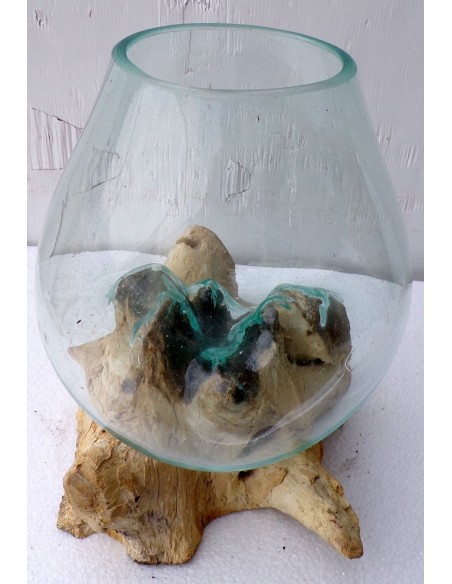 Vaso Indonesiano radice di legno e vetro soffiato 32x25x35h porta fiori acquario D