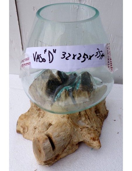 Vaso Indonesiano radice di legno e vetro soffiato 32x25x35h porta fiori acquario D