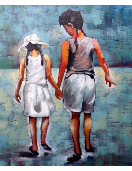 Quadro dipinto pop art bambini al mare cm120x100 spiaggia moderno industrial tela pannello donna
