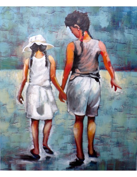 Quadro dipinto pop art bambini al mare cm120x100 spiaggia moderno industrial tela pannello donna