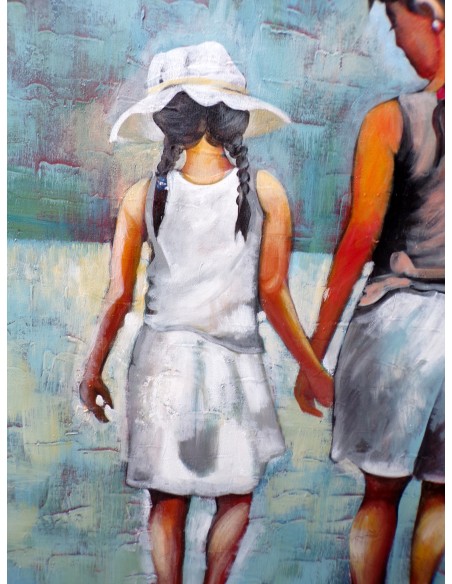Quadro dipinto pop art bambini al mare cm120x100 spiaggia moderno industrial tela pannello donna