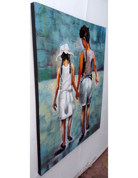 Quadro dipinto pop art bambini al mare cm120x100 spiaggia moderno industrial tela pannello donna