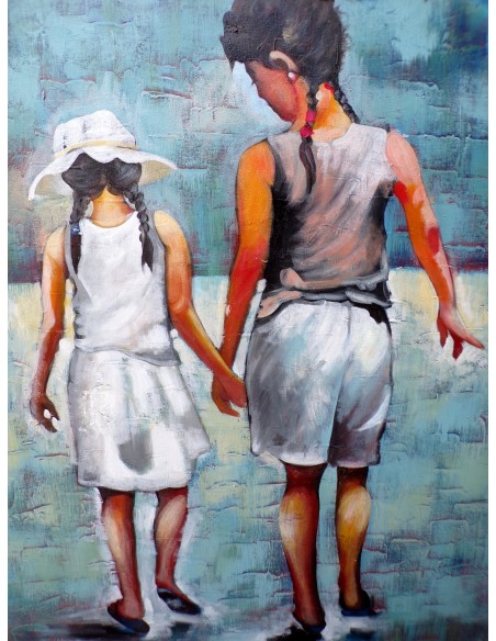 Quadro dipinto pop art bambini al mare cm120x100 spiaggia moderno industrial tela pannello donna