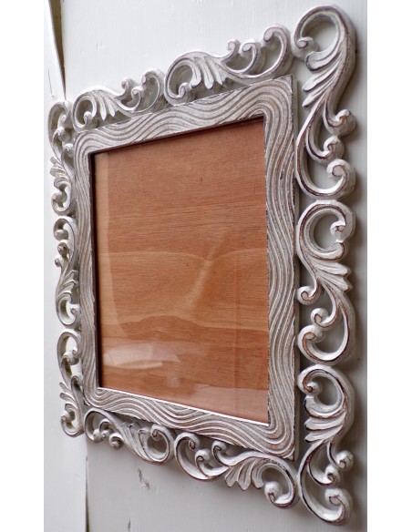 Cornice portafoto barocco in legno mdf bianco decapato cm 35x40 per foto 28x23