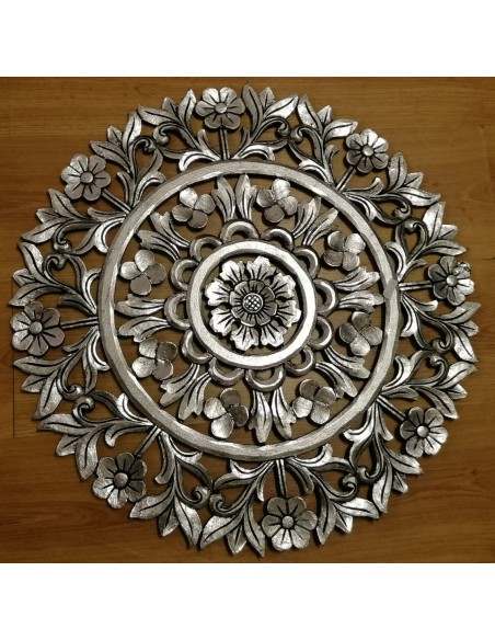 Pannello floreale in legno mdf traforato a mano cm 60x60 argento anticato quadro dipinto silver