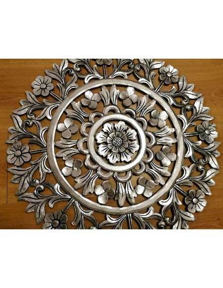 Pannello floreale in legno mdf traforato a mano cm 60x60 argento anticato quadro dipinto silver