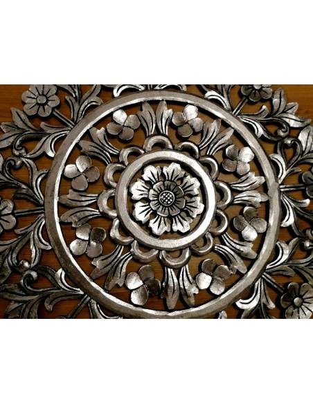 Pannello floreale in legno mdf traforato a mano cm 60x60 argento anticato quadro dipinto silver