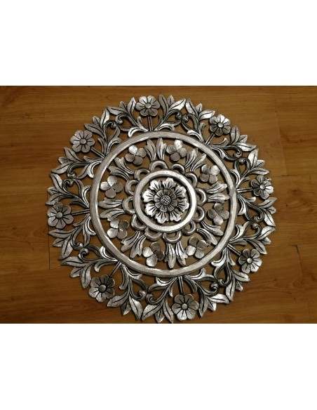 Pannello floreale in legno mdf traforato a mano cm 60x60 argento anticato quadro dipinto silver