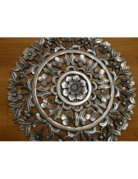 Pannello floreale in legno mdf traforato a mano cm 60x60 argento anticato quadro dipinto silver
