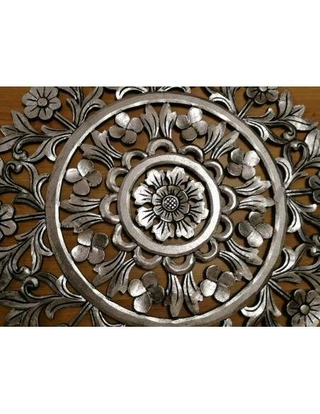Pannello floreale in legno mdf traforato a mano cm 60x60 argento anticato quadro dipinto silver