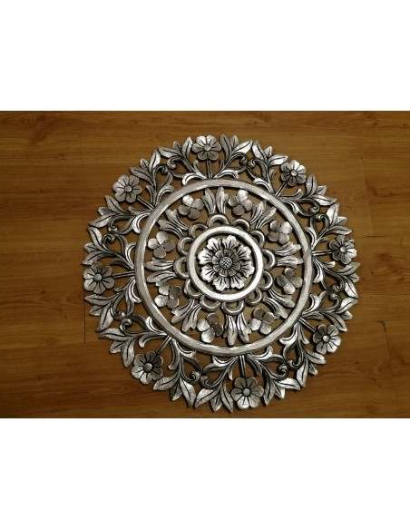 Pannello floreale in legno mdf traforato a mano cm 60x60 argento anticato quadro dipinto silver