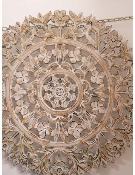 Pannello floreale in legno mdf traforato a mano cm 60x60 bianco decapato quadro dipinto silver
