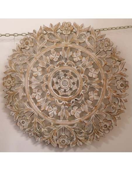 Pannello floreale in legno mdf traforato a mano cm 60x60 bianco decapato quadro dipinto silver