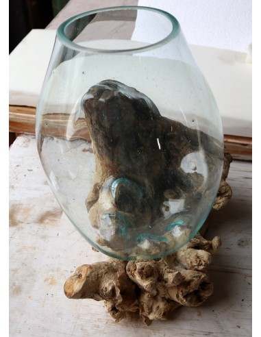 Vaso Indonesiano radice di legno e vetro...