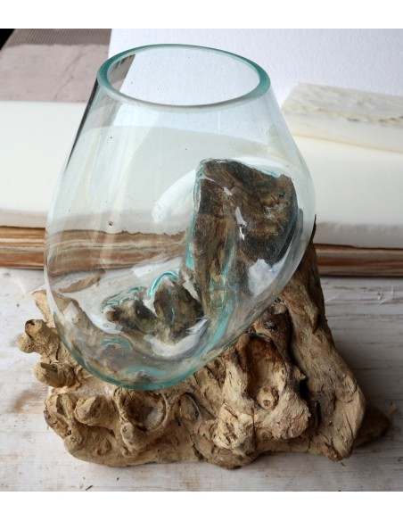 Vaso Indonesiano radice di legno e vetro soffiato 46x26x37h porta fiori acquario O