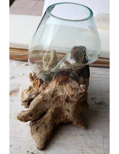 Vaso Indonesiano radice di legno e vetro...