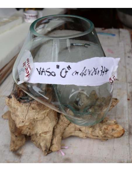 Vaso Indonesiano radice di legno e vetro soffiato 46x26x37h porta fiori acquario O